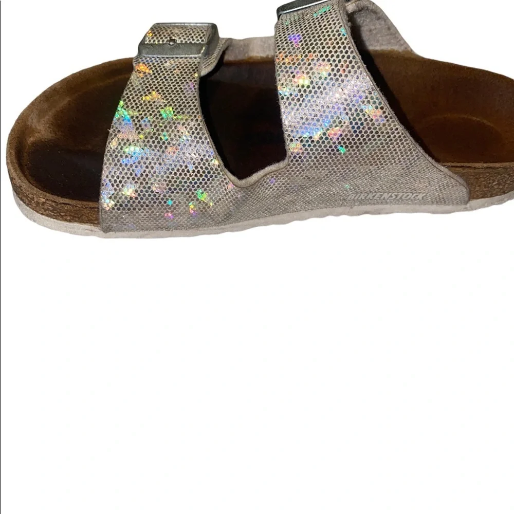 Girls Birkenstock Arizona flashy hologram silver slip on sandals size 13